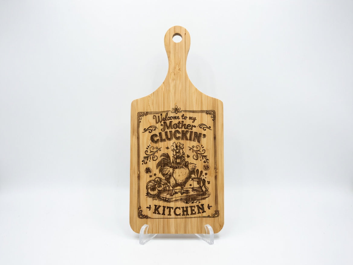 Welcome to My Mother Cluckin' Kitchen Rooster 11x5 Bamboo Charcuterie Board | Laser Engraved Punny Poultry Serving Tray or Gallery Accent