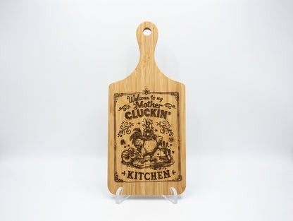 Welcome to My Mother Cluckin' Kitchen Rooster 11x5 Bamboo Charcuterie Board | Laser Engraved Punny Poultry Serving Tray or Gallery Accent