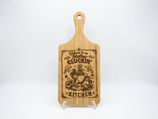 Welcome to My Mother Cluckin' Kitchen Rooster 11x5 Bamboo Charcuterie Board | Laser Engraved Punny Poultry Serving Tray or Gallery Accent