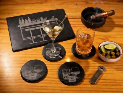 Your Home Bar Slate Serving Board & Coaster Set (4) | Laser Engraved Serving Tray and Drink Coasters