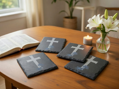 Blooming Cross Slate Coaster Set (4) | Laser Engraved Drink Coasters