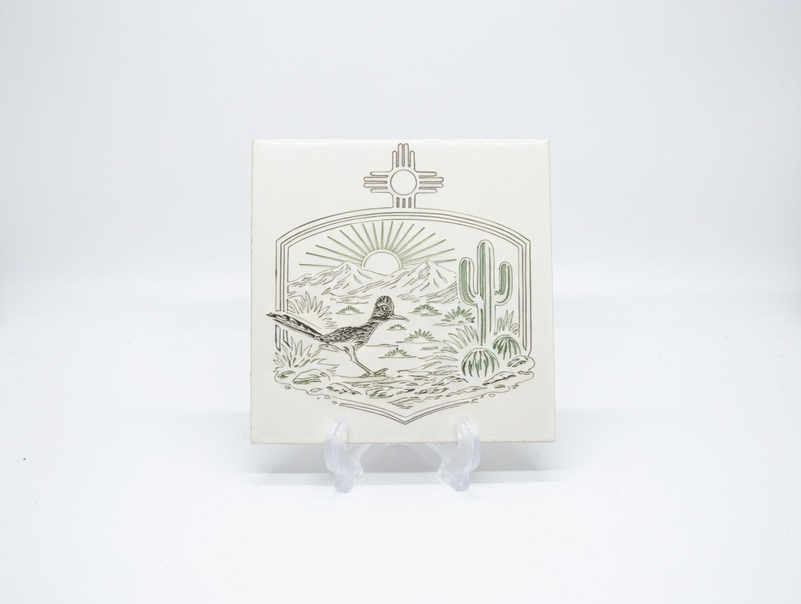 New Mexico Zia Roadrunner Cactus 6x6 Ceramic Tile | Laser Engraved Southwest Desert Wall Art or Backsplash Medallion