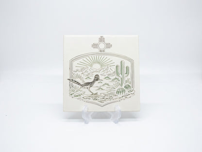 New Mexico Zia Roadrunner Cactus 6x6 Ceramic Tile | Laser Engraved Southwest Desert Wall Art or Backsplash Medallion