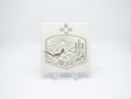New Mexico Zia Roadrunner Cactus 6x6 Ceramic Tile | Laser Engraved Southwest Desert Wall Art or Backsplash Medallion