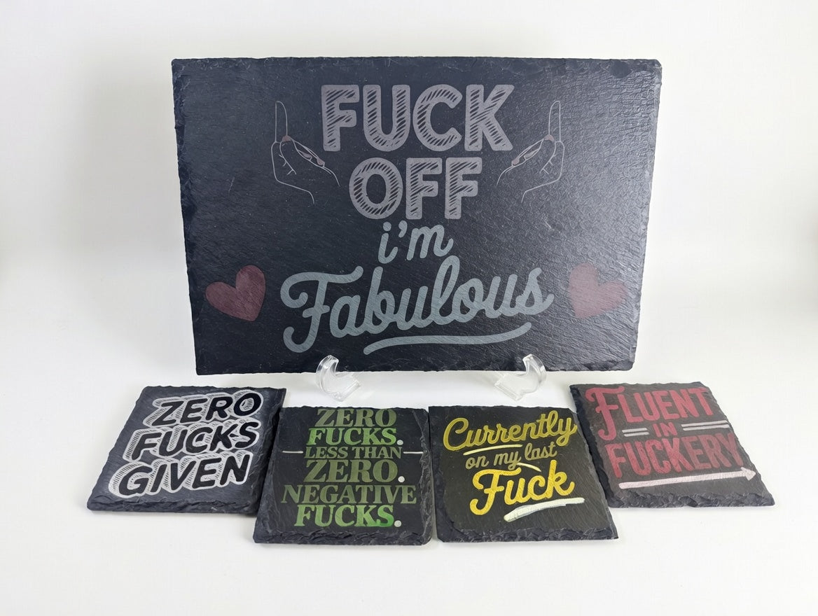 I'm Fabulous Slate Serving Board & Coaster Set (4+2) | Laser Engraved Ladies Night Tray and Drink Coasters