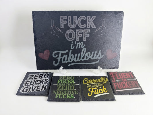 I'm Fabulous Slate Serving Board & Coaster Set (4+2) | Laser Engraved Ladies Night Tray and Drink Coasters