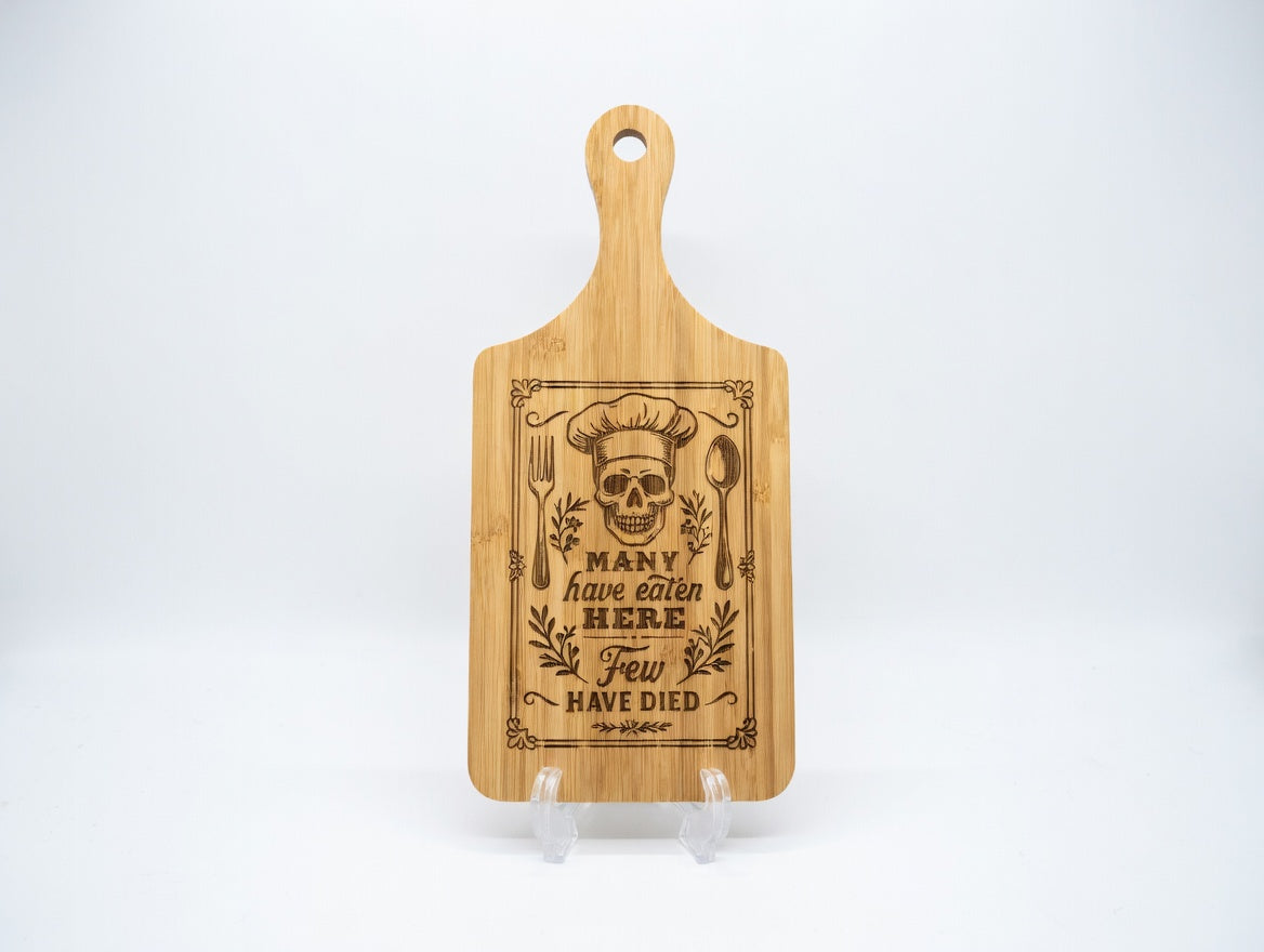 Many Have Eaten Few Have Died Skull Chef 11x5 Bamboo Charcuterie Board | Laser Engraved Dark Humor Kitchen Platter or Counter Art