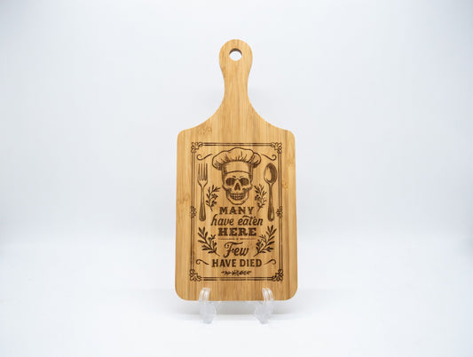 Many Have Eaten Few Have Died Skull Chef 11x5 Bamboo Charcuterie Board | Laser Engraved Dark Humor Kitchen Platter or Counter Art