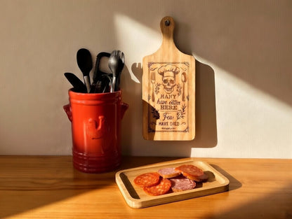Many Have Eaten Few Have Died Skull Chef 11x5 Bamboo Charcuterie Board | Laser Engraved Dark Humor Kitchen Platter or Counter Art