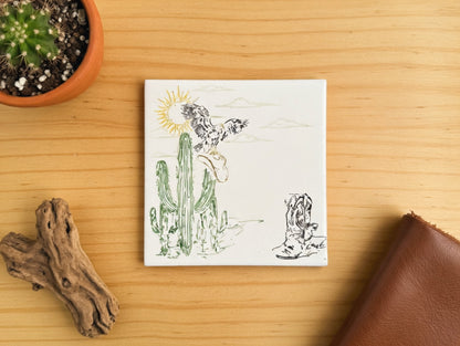Desert Cactus Cowboy Boots 6x6 Ceramic Tile | Laser Engraved Southwest Sun Wall Art or Backsplash Feature
