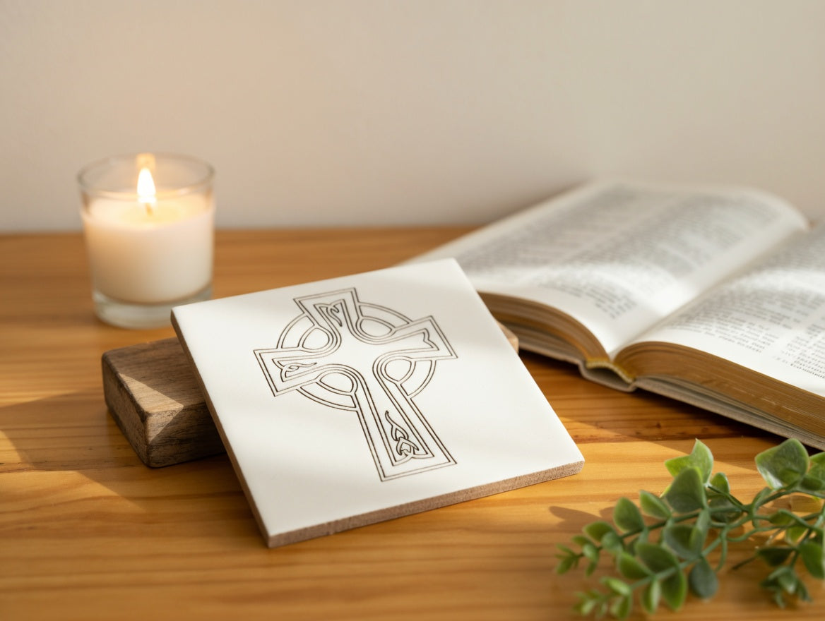 Celtic Knot Cross 6x6 Ceramic Tile | Laser Engraved Irish Heritage Wall Art or Backsplash Emblem