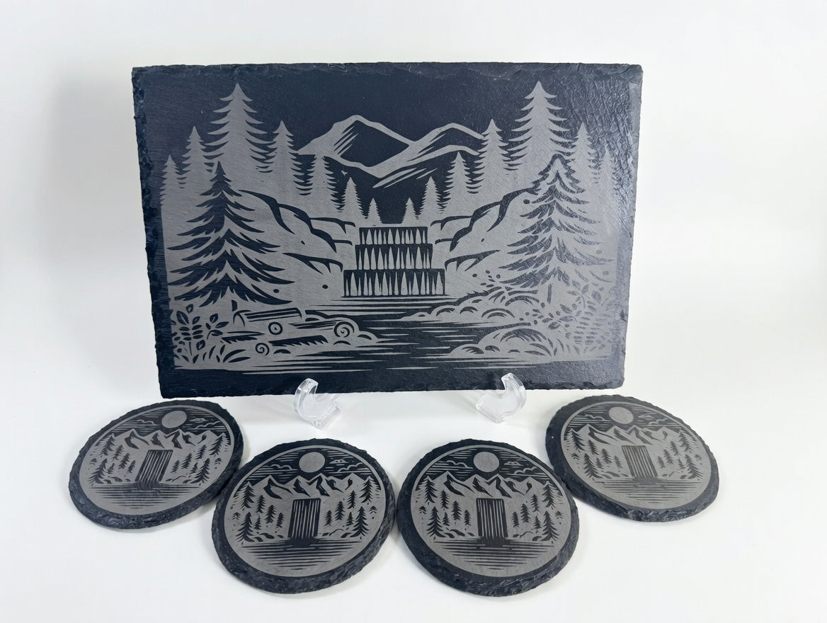 Mountain Waterfall Slate Serving Board & Coaster Set (4) | Laser Engraved Serving Tray and Drink Coasters