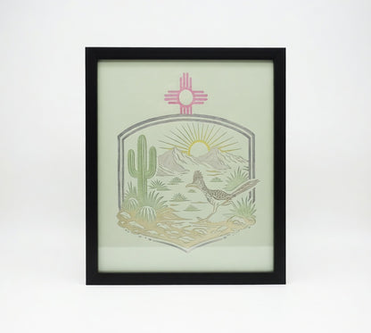 New Mexico Zia Roadrunner 8x8 Mirror | Hand Painted Laser Engraved Southwest Desert Wall Art or Desk Decor