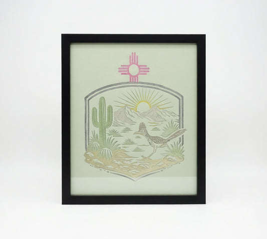 New Mexico Zia Roadrunner 8x8 Mirror | Hand Painted Laser Engraved Southwest Desert Wall Art or Desk Decor