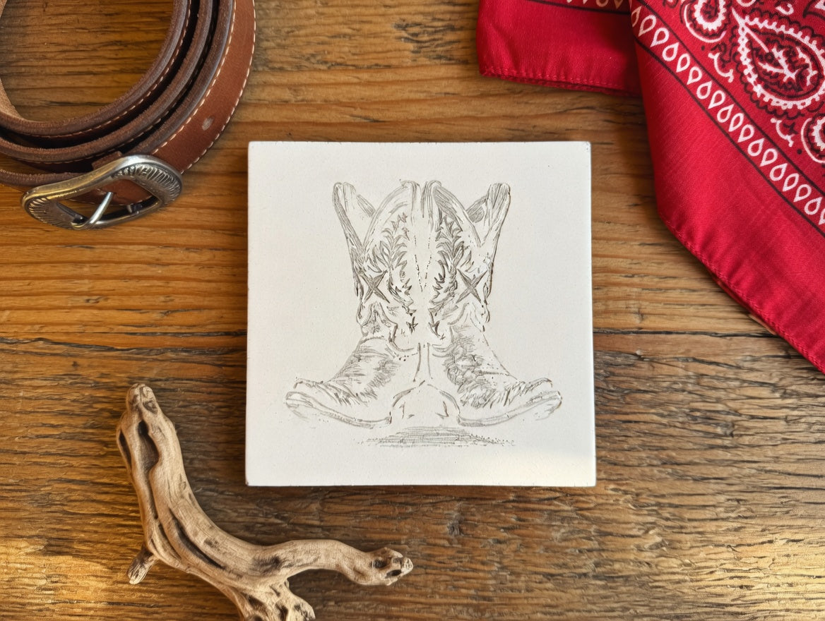 Western Cowboy Boots 6x6 Ceramic Tile | Laser Engraved Desert Boot Wall Art or Backsplash Accent