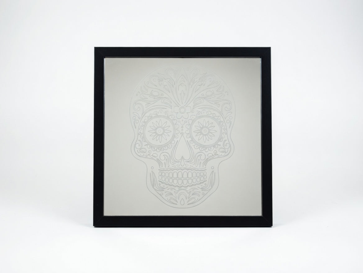 Ornate Sugar Skull 8x8 Mirror | Hand Painted Laser Engraved Day of the Dead Wall Art or Desk Decor