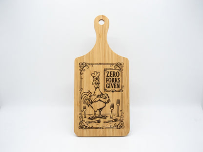 Zero Forks Given Rooster 11x5 Bamboo Charcuterie Board | Laser Engraved Sassy Kitchen Serving Platter or Wall Accent