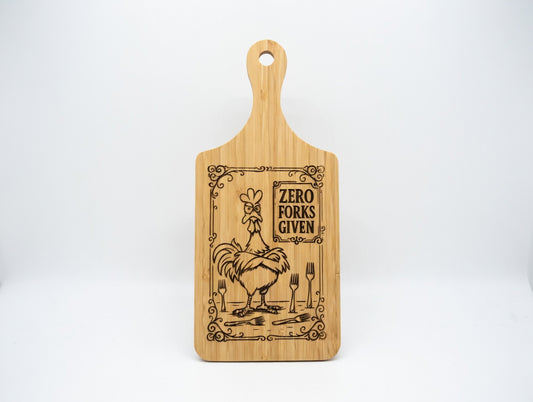 Zero Forks Given Rooster 11x5 Bamboo Charcuterie Board | Laser Engraved Sassy Kitchen Serving Platter or Wall Accent